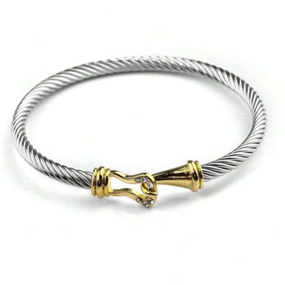Elegant Women's Two-Tone Stainless Steel Cable Bangle Bracelet CZ's